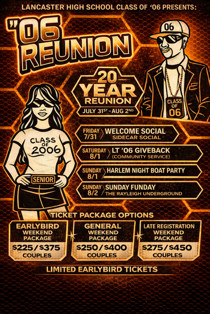 Lancaster High School class reunion flyer with events